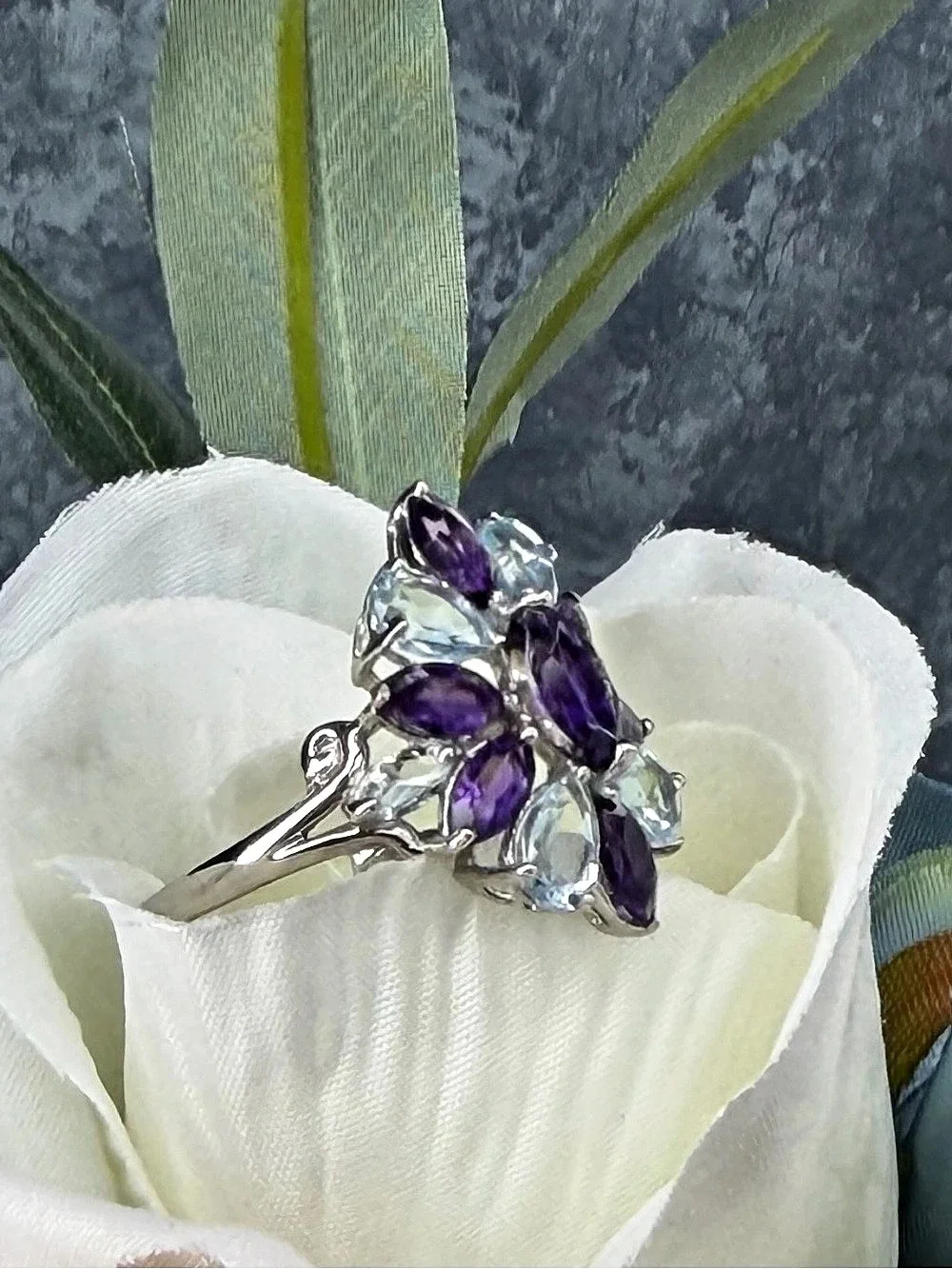 Exquisite Natural Amethyst Aquamarine & Topaz Ring 925 Sterling Silver Ring Sz 8